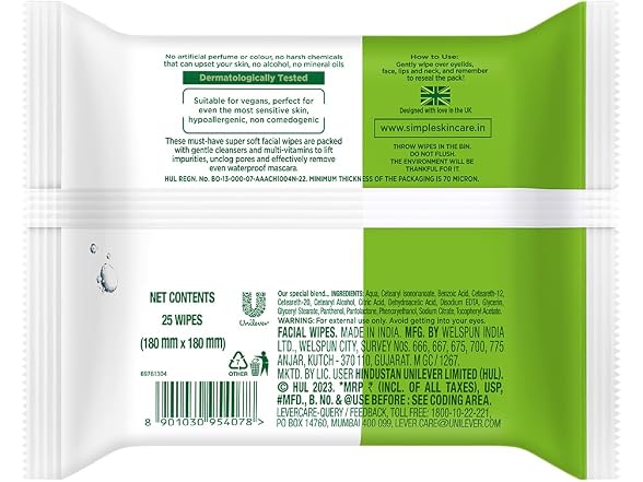 Simple Micellar Cleansing Facial Wipes 25 Wipes