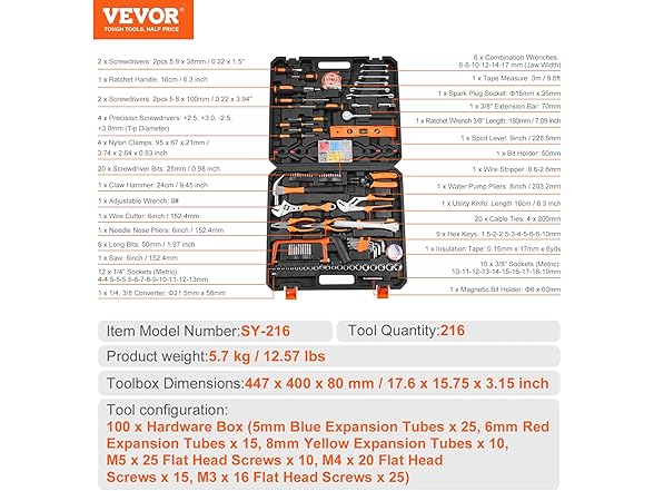 VEVOR 216 Piece General Household Hand Tool Set