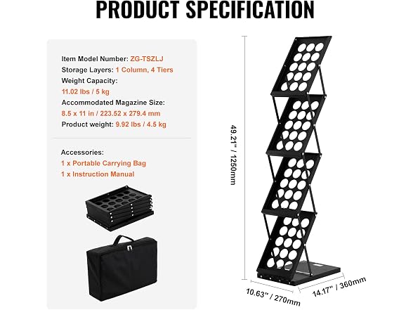 Foldable Magazine Display Rack, 4-Tier Brochure