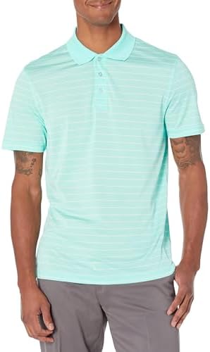 Amazon Essentials Men's Golf Polo Shirt, Short Sleeve, Slim-Fit, Quick-Dry, Aqua Blue Stripe, Large