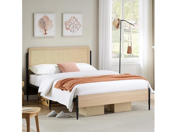 Queen Boho Bed Rattan Headboard Wood Oak