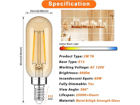 Brightever B0GVCR2RHY 2W T25 LED Light Bulbs 2200K 6