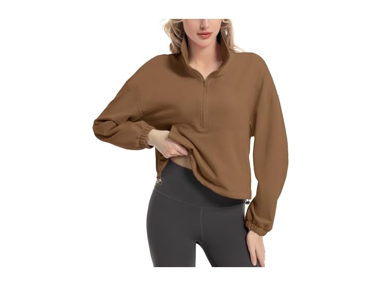 FKEEP Quarter Zip Pullover Women Cropped Sweatshirt Long Sleeve Crop Top Stand Collar Drawstring Casual Pullover
