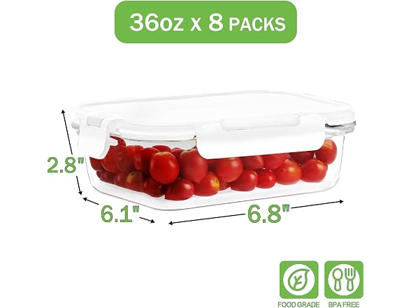 HOMBERKING 8pk 36oz White Glass Food Containers