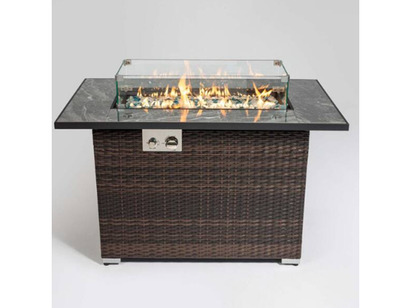 44" Rattan Fire Table w/ Ceramic Top + Cover