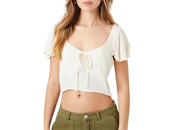 Forever 21 (L) Crepe Butterfly Sleeve Crop Top