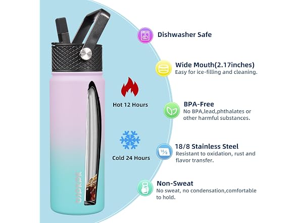 BJPKPK 2 Pack Insulated Water Bottles with Straw Lids, 22oz