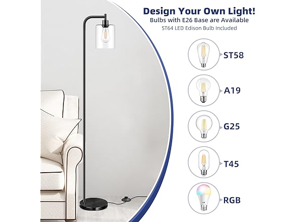 Bosceos Industrial Floor Lamp with Hanging Glass Shade