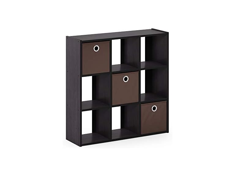 Furinno Simplistic 9-Cube Organizer with Bins, Small Size (Assembled Unit Dimensions : 7.9"D x 26.5"W x 26.7"H Inches), Dark Walnut