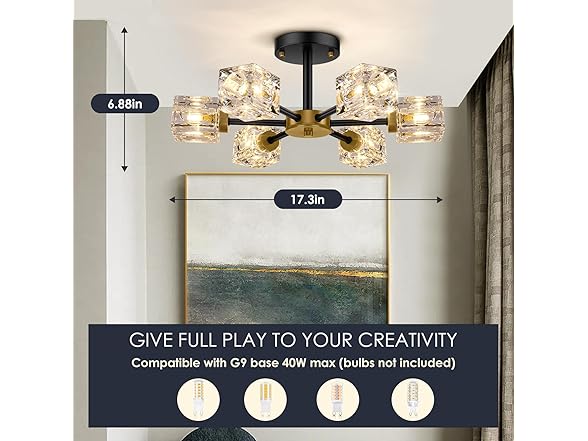 GoBright Black Modern Chandelier, 6-Light Crystal