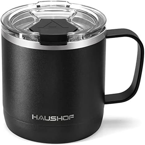 HAUSHOF 14 oz Coffee Mug, Insulated Coffee Mug with Handle, Travel Camping Cup, Portable Stainless Steel Coffee Cup, Insulated Coffee Cups with Lid, Black