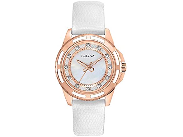 Bulova White Lizard Leather Diamond Ladies Watch 98P119