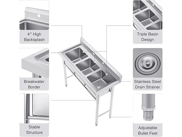 WILPREP NSF Stainless Steel 3 Compartment Commercial Sink 11x10x10 Inch Basins, Kitche Station Utility Sink for Restaurant Bar Home Laundry Room Garage (Open Box)