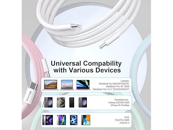 60W 3.3FT Nylon Braided USB Type C Cable, 3-Pack