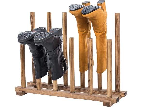 MyGift Rustic Burnt Brown Solid Wood Floor Standing Boot Holder Rack