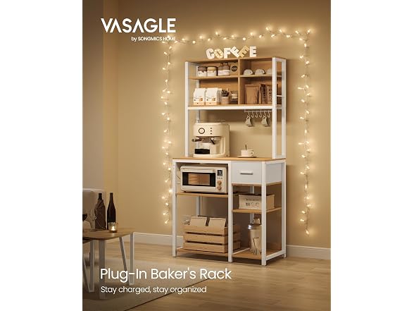 VASAGLE Bakers Rack with Charging Station, Coffee Bar, 12 Hooks