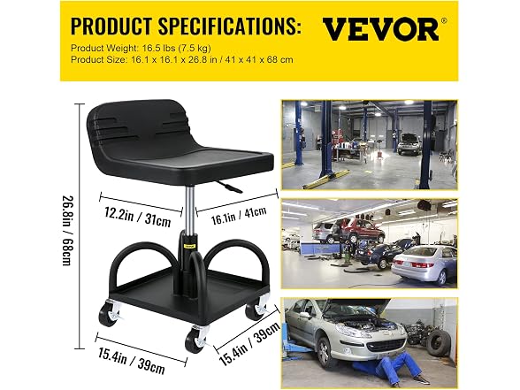 Rolling Garage Stool, 300LBS Capacity 15.7in