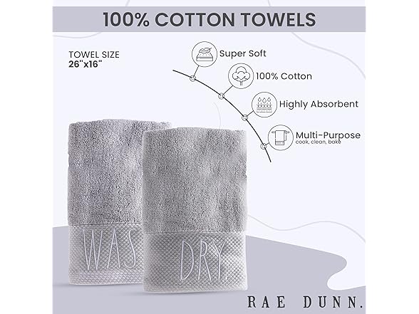 Rae Dunn Hand Towels, Wash/Dry, 16"x28"