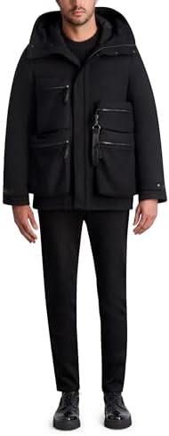 Karl Lagerfeld Paris Men's Long Sleeve Four Front Pockets Wool Blend Hooded Jacket, Black
