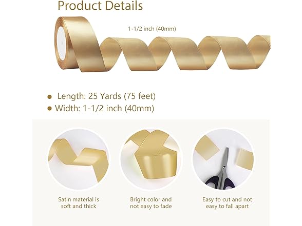 Gold Satin Ribbon 1-1/2 Inch x 2 Rolls