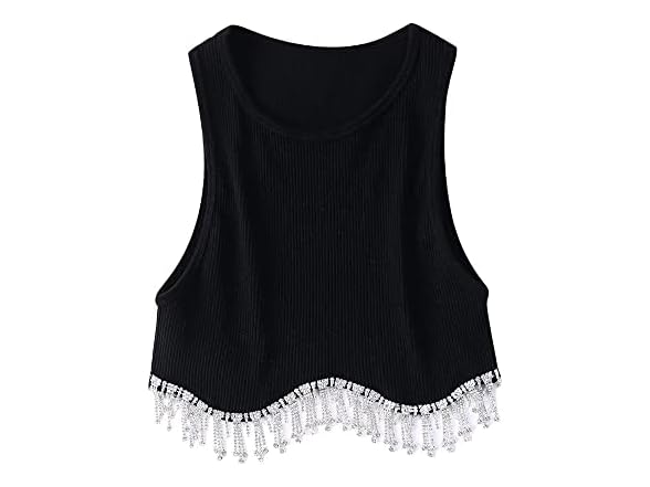 Lauweion Women (L) Rhinestones Tassel Crop Top Top