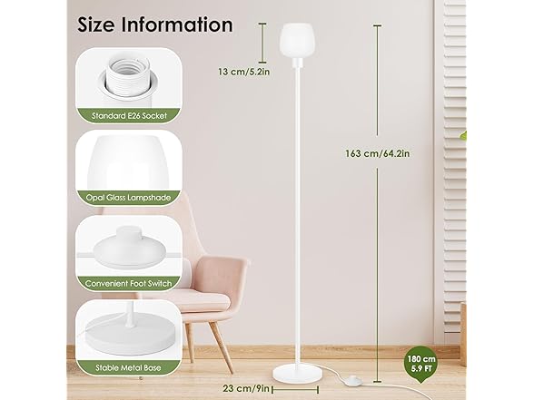 Floor Lamp w-Opal Glass Shade & Foot Switch