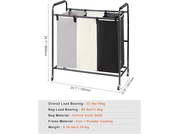 3-Section Laundry Basket, Heavy Duty Laundry
