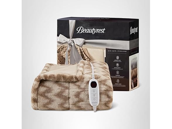 Beautyrest Long Brushed Faux Fur Chevron Electric Blanket