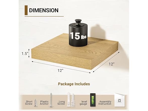 Vivelove Oak Floating Shelves 12" W, 12" Deep