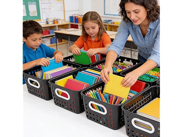 Black Classroom Storage Tall Baskets with Handles - 6 Pieces