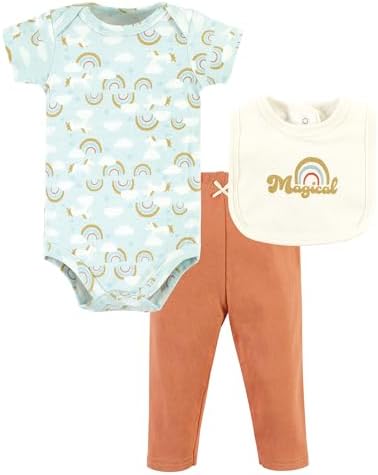Hudson Baby Unisex Baby Cotton Bodysuit, Pant and Bib Set, Magical Rainbow, 0-3 Months