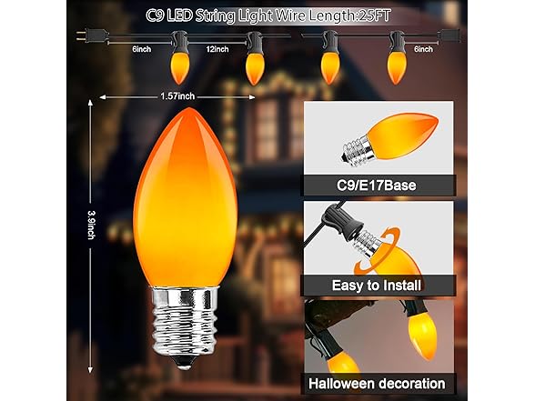 C9 Orange Halloween String Lights 25Ft