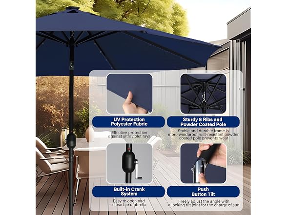 HealSmart 9' Solar Umbrella 32 LED Lighted Patio Umbrella Tilt/Crank