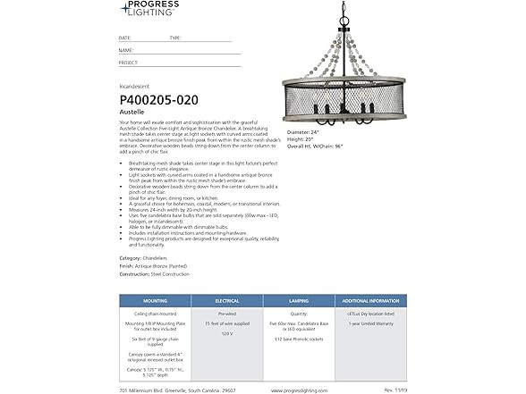 Austelle 5-Light Chandelier, Bronze