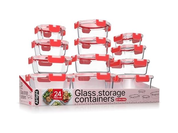 $27.99, Was $45.99, 39% Off! Borosilicate Glass Food Storage Containers with Lids 24 Pieces  Red dealfomo