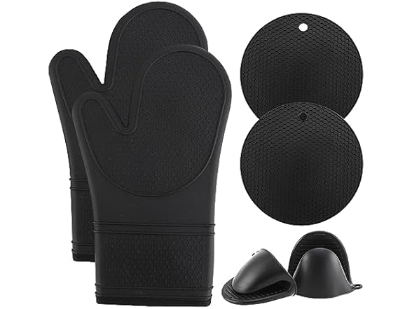 COOK WITH COLOR Silicone Oven Mitts- Black, Mitt Set
