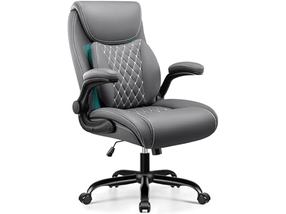 BESTFAIR Office Chair, Executive Computer Desk Chair with Lumbar Support for Lower Back Pain Relief, Ergonomic Leather Home Chair Comfy with Padded Flip-up Arms and Adjustable Armrests, Gray (Open Box)