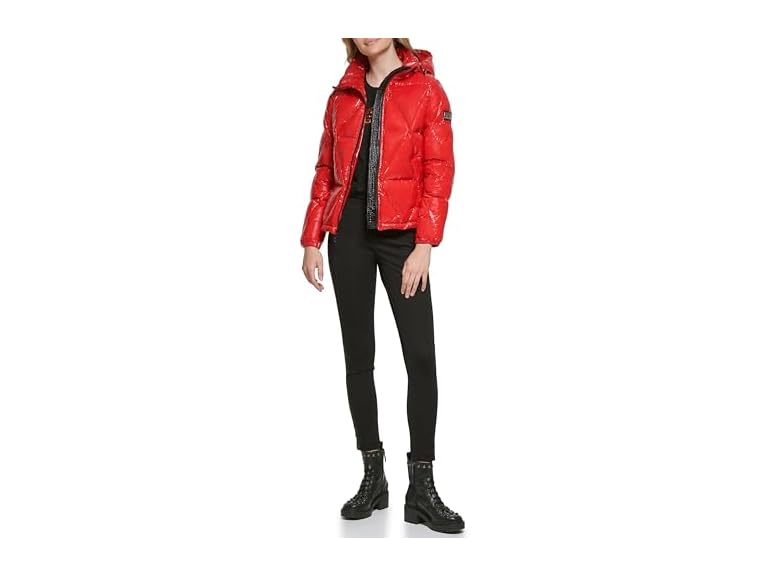 Karl Lagerfeld Paris Women's Glossy Rain Wear Short Puffer, Scarlet