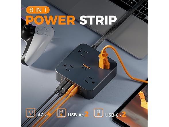 TESSAN 6ft Power Strip (4 Outlets, 4 USB)