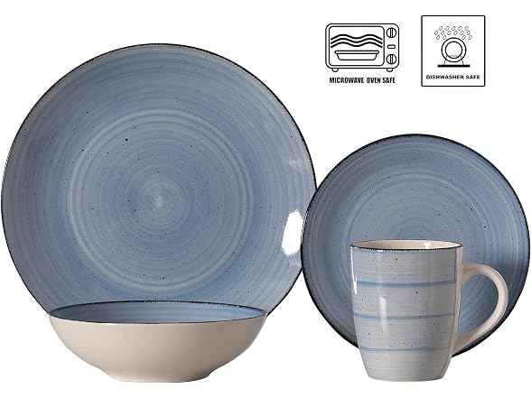 64-Pc Dinnerware Set for 16 Swirl Glazed Finish Blue