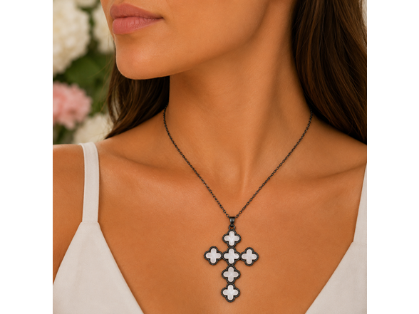 Black And White Clover Cross Pendant