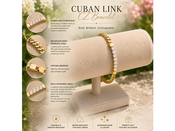 18K Gold Plated Cuban Link CZ Bracelet