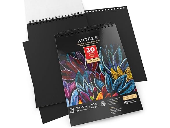 ARTEZA Spiral Sketch Book 9x12 Black Art Paper Draw