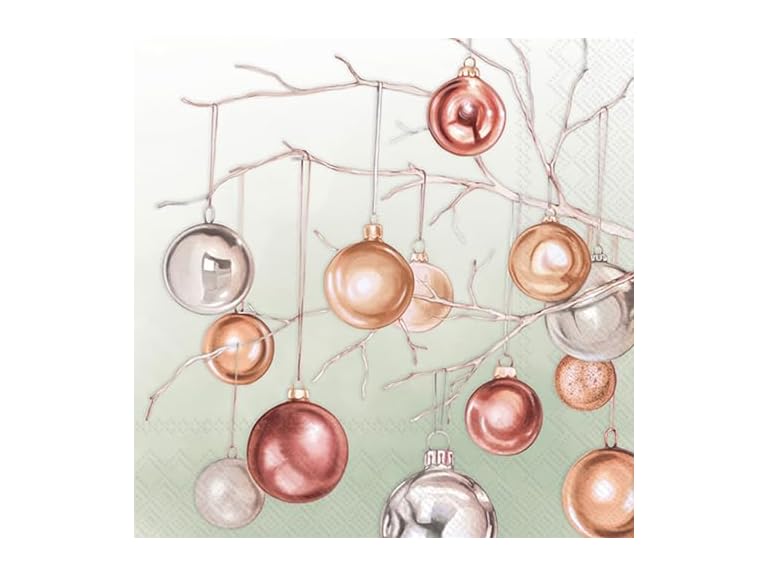 IHR Ideal Home Range Party Napkins Disposable 3-Ply Paper Lunch Napkin Pack, 6.5" x 6.5", Copper Baubles (Green), 20-Count