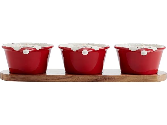 Pfaltzgraff Winterberry Santa Dip Bowls with Wood Base, Set Of 3