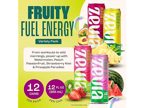 12PK Zevia Zero Sugar Energy Drink, Fruity Fuel