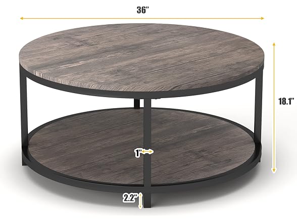 Round Coffee Table, 36 Inch 2-Tier