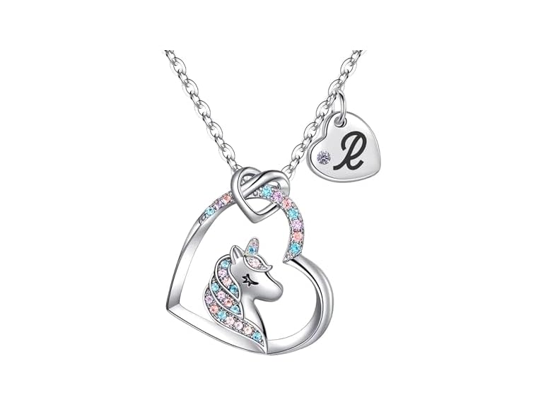 Rucher Unicorn Necklace for Girls Kids with Personalized Initial Heart Pendant, 18K Gold Fashion Jewelry for Girls, Colorful Heart Necklace for Birthday Gifts.
