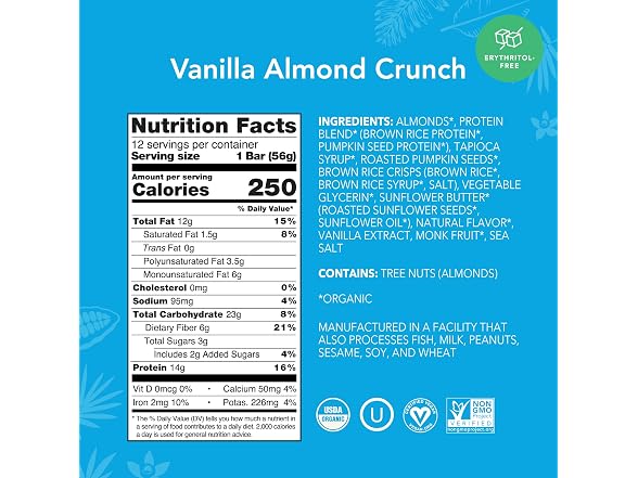 Aloha Organic Vanilla Almond Crunch Bar 12 Count
