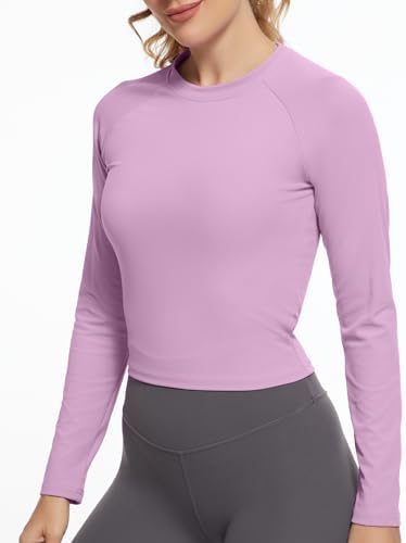 GGOV Womens Long Sleeve Crop Workout Tops Yoga Cropped Top Gym Shirts Athletic Clothes Slim Fit Purple